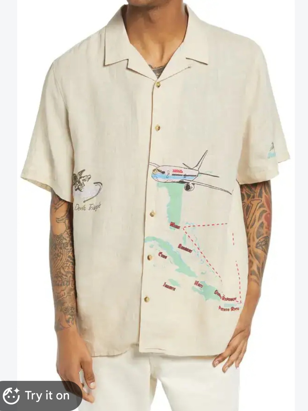 Jungles Safe Trip Short Sleeve cream linen button-up shirt. Resortwear. Travel.